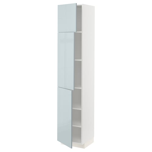Modern tall white cabinet with blue-grey glass doors, sleek high gloss finish.