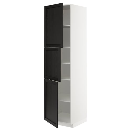 A tall, white METOD kitchen cabinet with three black stained wooden doors. The cabinet bevelled edges and adjustable shelves.