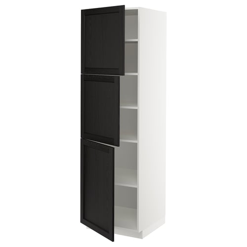 White cabinet with black stained doors, three shelves, modern design.