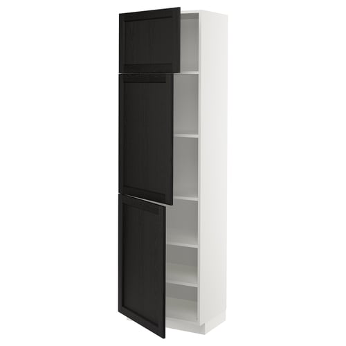 Open white cabinet with black stained wooden doors has three adjustable shelves.