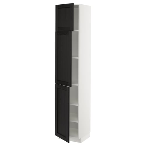 A METOD kitchen cabinet, tall and white, with dark wooden doors featuring bevelled edges. It stands upright with two adjustable shelves inside.