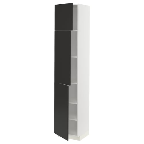 A white METOD kitchen cabinet with black doors, modern and sleek design, featuring adjustable shelves.
