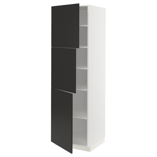 A METOD kitchen cabinet in white with black doors. It has three adjustable shelves and two left-hinged doors.