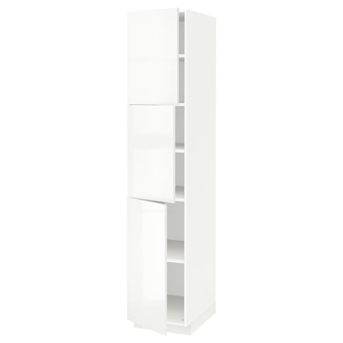 A white ikea METOD tall kitchen cabinet with high gloss fronts, offering a sleek, modern design with adjustable shelves.