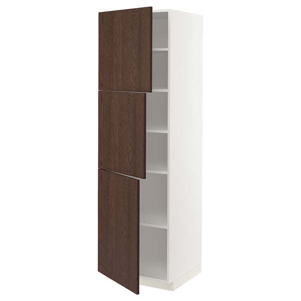 METOD High cabinet with shelves/3 doors, white/Sinarp brown, 60x60x200 cm