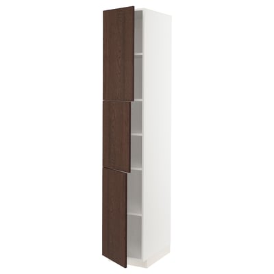 White and dark brown kitchen cabinet with multiple shelves, sleek design.