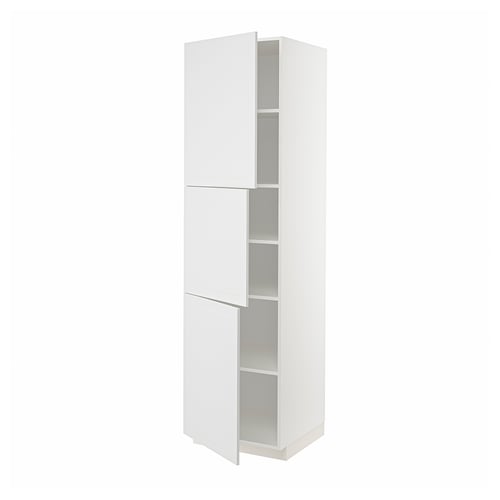 This image a white METOD high cabinet from IKEA, with two adjustable shelves and doors on the left or right.