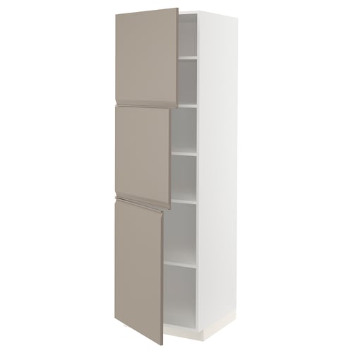 Modern tall kitchen cabinet, gray-beige, with three open shelves, narrow rectangular shape, minimalist design.