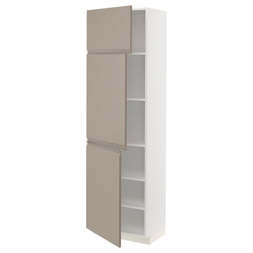 A METOD kitchen cabinet with beige doors and a white frame. The cabinet has two adjustable shelves.
