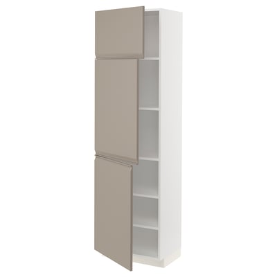 METOD High cabinet with shelves/3 doors, white/Upplöv matt dark beige, 60x41x200 cm