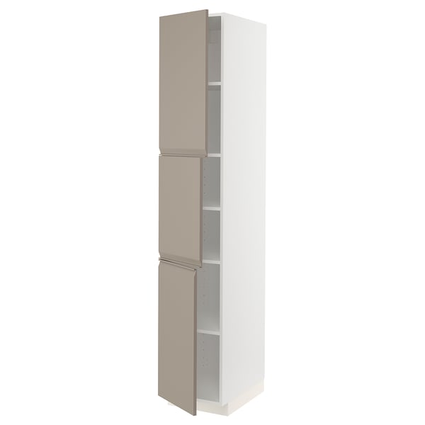 METOD High cabinet with shelves/3 doors, white/Upplöv matt dark beige, 40x60x220 cm