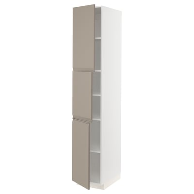 METOD High cabinet with shelves/3 doors, white/Upplöv matt dark beige, 40x60x220 cm