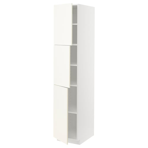 White METOD tall kitchen cabinet with adjustable shelves and reversible door.
