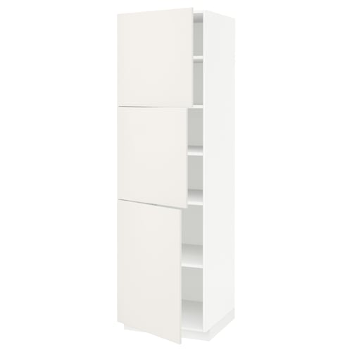 White METOD tall kitchen cabinet with three doors and adjustable shelves.