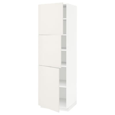 White METOD tall kitchen cabinet with three doors and adjustable shelves.