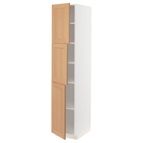 METOD tall white cabinet with oak doors, three shelves.