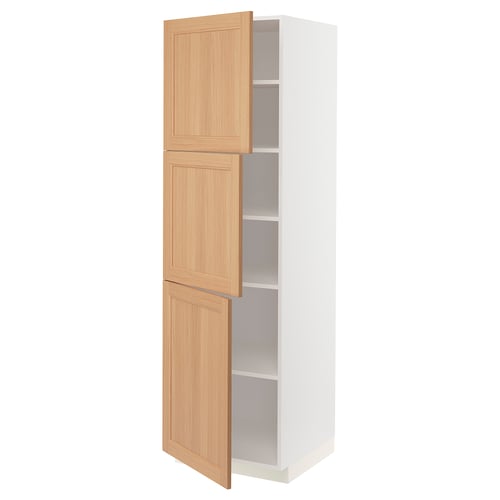White ikea METOD kitchen cabinet with oak doors, two inside shelves.