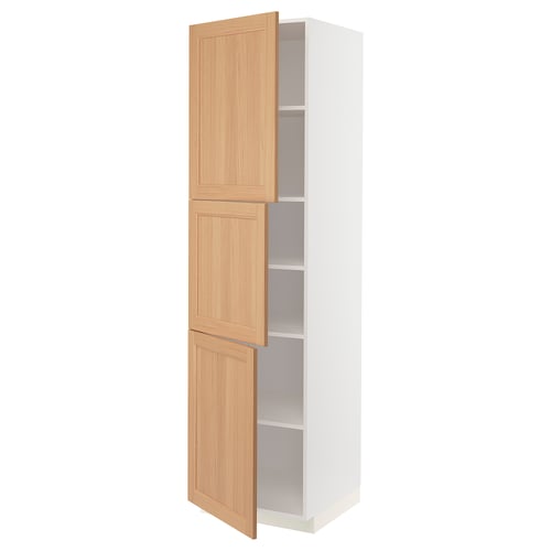 A white METOD kitchen cabinet with light oak doors, featuring two adjustable shelves inside.