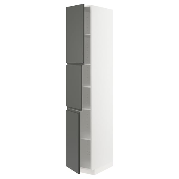 METOD High cabinet with shelves/3 doors, white/Voxtorp dark grey, 40x60x220 cm