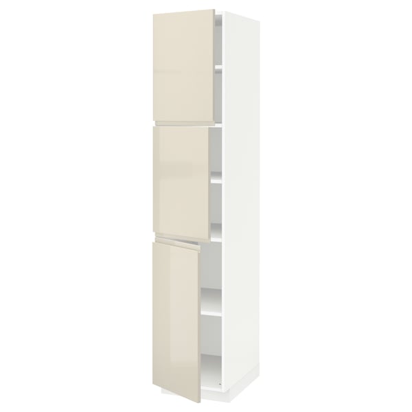 METOD High cabinet with shelves/3 doors, white/Voxtorp high-gloss light beige, 40x60x200 cm