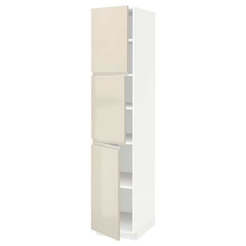 White METOD kitchen cabinet with high-gloss beige doors & silver handles.
