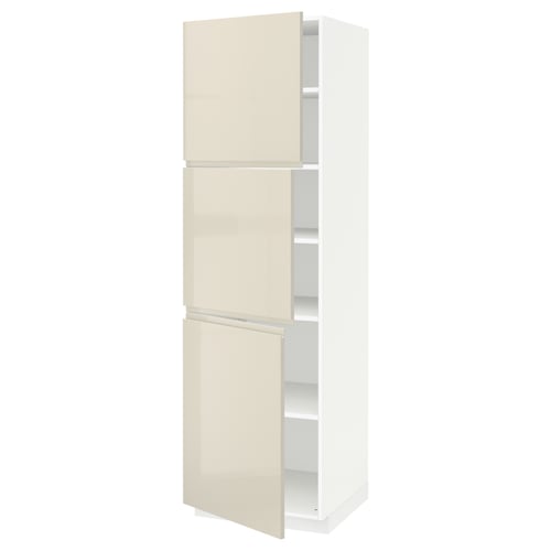 A tall, white METOD kitchen cabinet with three high-gloss beige doors and adjustable shelves.
