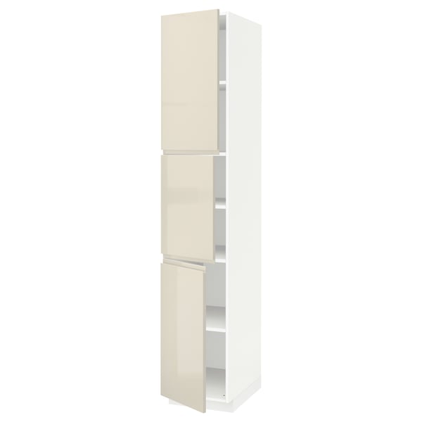 METOD High cabinet with shelves/3 doors, white/Voxtorp high-gloss light beige, 40x60x220 cm