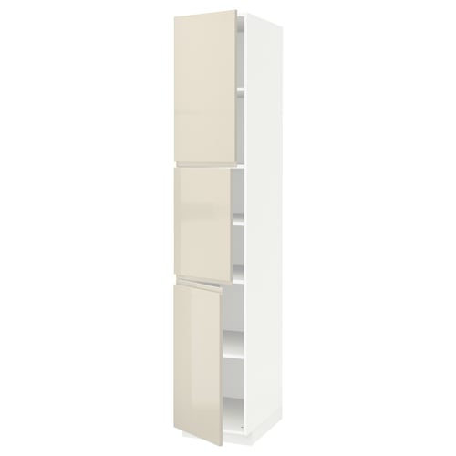 METOD kitchen unit in glossy beige with integrated handles, tall and rectangular, featuring multiple shelves and sturdy doors.