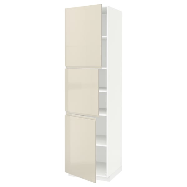 METOD High cabinet with shelves/3 doors, white/Voxtorp high-gloss light beige, 60x60x220 cm