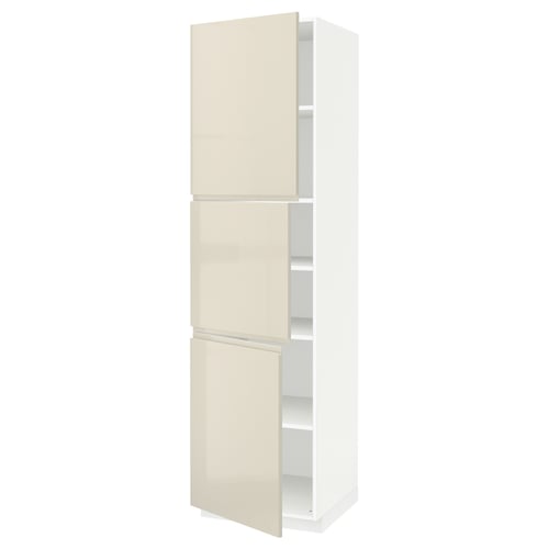 Vertical white kitchen cabinet with beige high gloss doors.