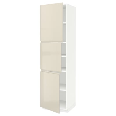 METOD High cabinet with shelves/3 doors, white/Voxtorp high-gloss light beige, 60x60x220 cm