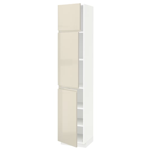 A METOD kitchen cabinet in high-gloss beige with a modern design. It has a tall, rectangular shape with adjustable shelves and integrated handles.