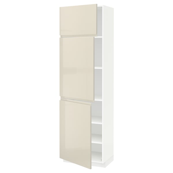 METOD High cabinet with shelves/3 doors, white/Voxtorp high-gloss light beige, 60x41x200 cm
