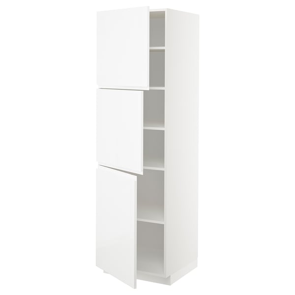 METOD High cabinet with shelves/3 doors, white/Voxtorp high-gloss/white, 60x60x200 cm