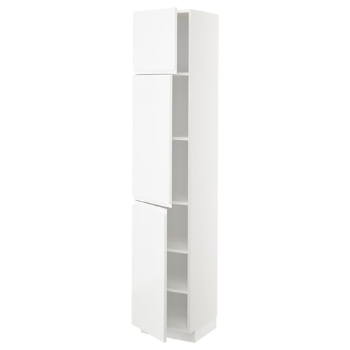 This is a white, tall kitchen cabinet with two doors and adjustable shelves. It a modern design with integrated handles.