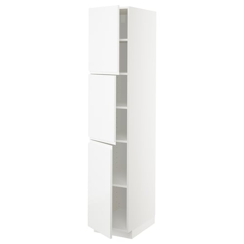 Modern white kitchen cabinet, tall with open shelves. High gloss finish, adjustable shelves.