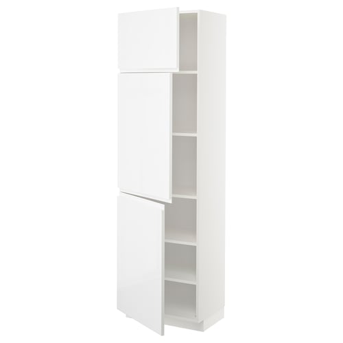 White glossy kitchen cabinet with handles, adjustable shelves.