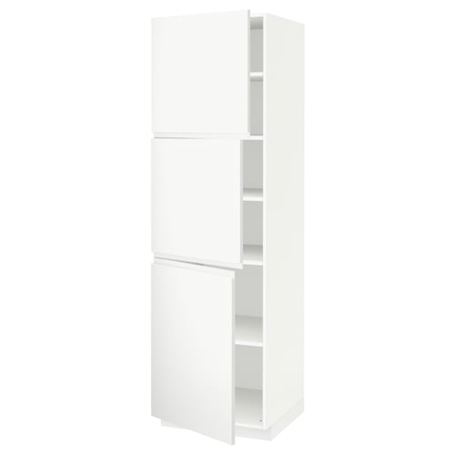 A white METOD tall kitchen cabinet with multiple compartments and doors. It has a sleek, minimalist design, ideal for modern kitchens.