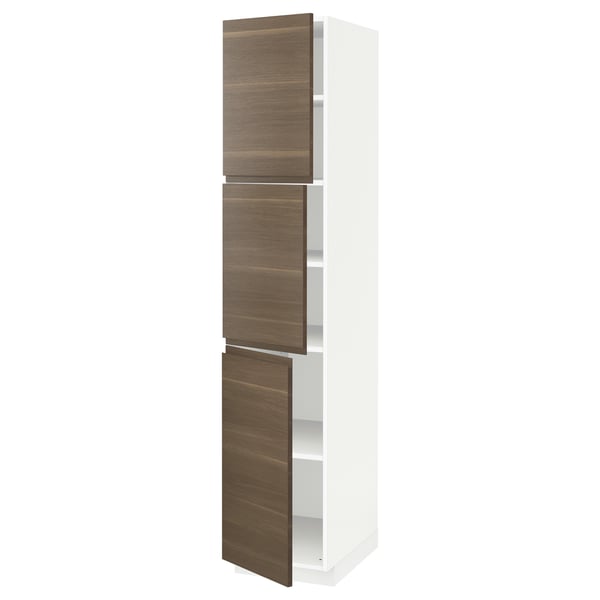 METOD High cabinet with shelves/3 doors, white/Voxtorp walnut effect, 40x60x200 cm