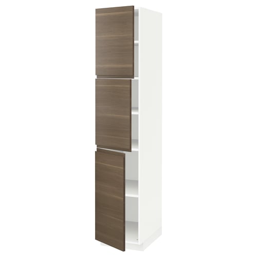 An ikea METOD high kitchen cabinet with white frame and dark walnut effect doors.