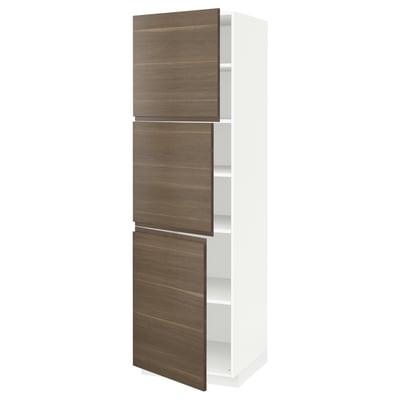 METOD High cabinet with shelves/3 doors, white/Voxtorp walnut effect, 60x60x200 cm