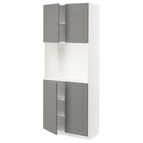 White and grey kitchen cabinet with adjustable shelf.
