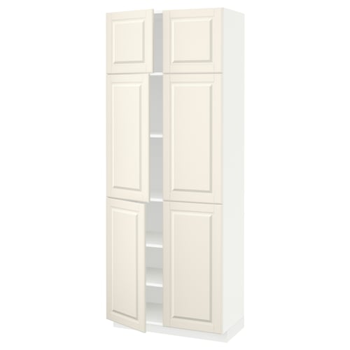 Off-white METOD cabinet with fibreboard, adjustable shelves, bevelled doors.