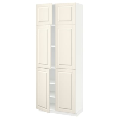 Off-white METOD cabinet with fibreboard, adjustable shelves, bevelled doors.