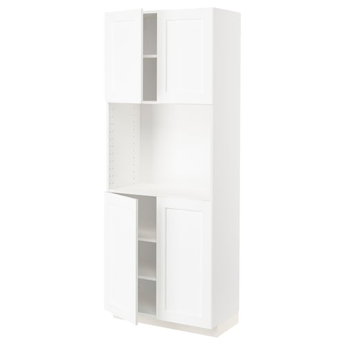 A white METOD kitchen cabinet with adjustable shelves. Its tall, rectangular, and a clean, classic design with subtle wood grain texture.
