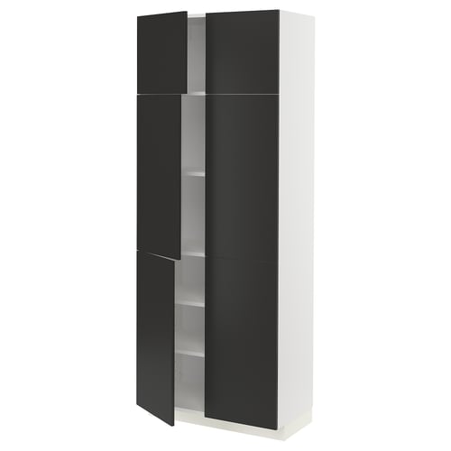 White METOD kitchen cabinet, black doors, four-section, adjustable shelves.