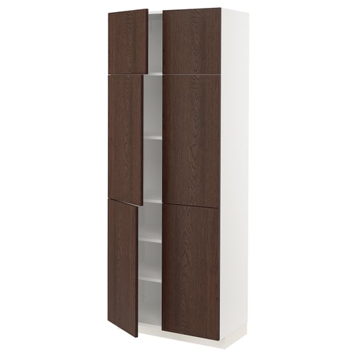 Tall white cabinet with dark brown wooden doors, adjustable shelves.