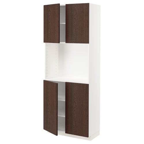 A white METOD kitchen cabinet with dark brown sinarp wooden doors. It has two open sections and two closed sections, featuring a modern design.
