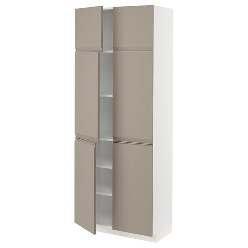 Modern tall kitchen cabinet in beige with four doors and sleek handles.