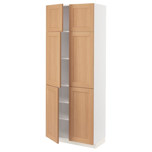 METOD tall kitchen cabinet with white frame, oak doors, four doors, two shelves.